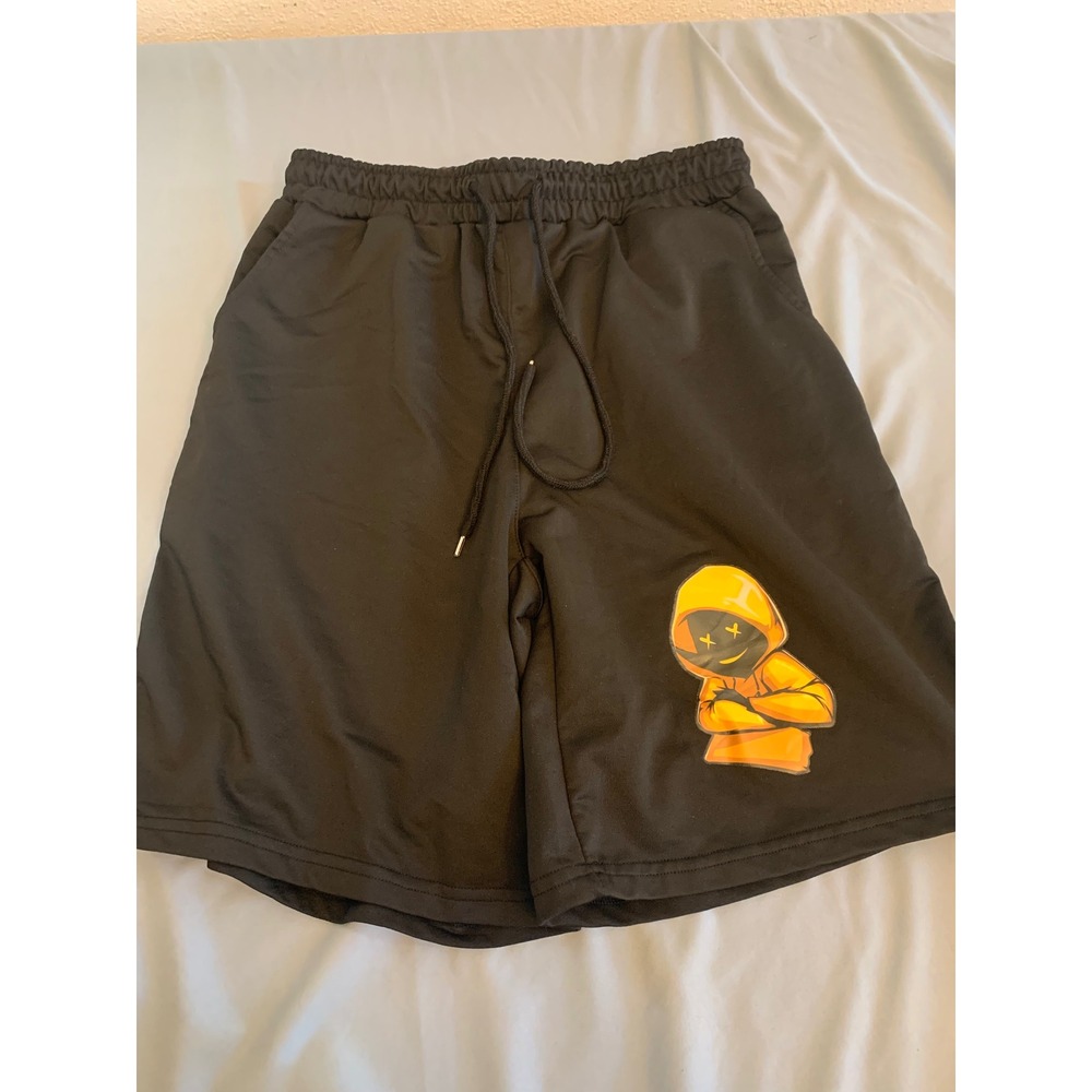 Kids Black Athletic Shorts Yellow Graphic Character Drawstring Gym Shorts Size S
